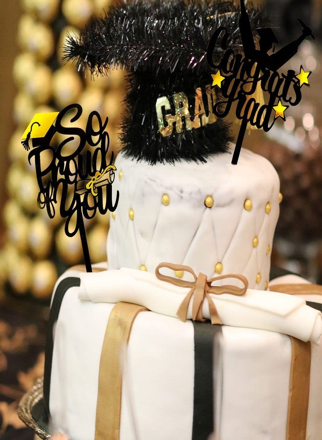 Whaline 5Pcs Graduation Cake Toppers 2025 Black Gold Acrylic Cake Topper Class of 2025 Congrats Grad Cake Decorations for High School College Grad Party Supplies - Image 4